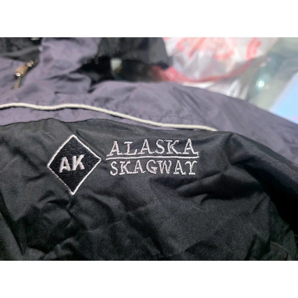 Alaska Skagway Mens Hooded Rain Jacket Black Grey Reflective Windbreaker XL